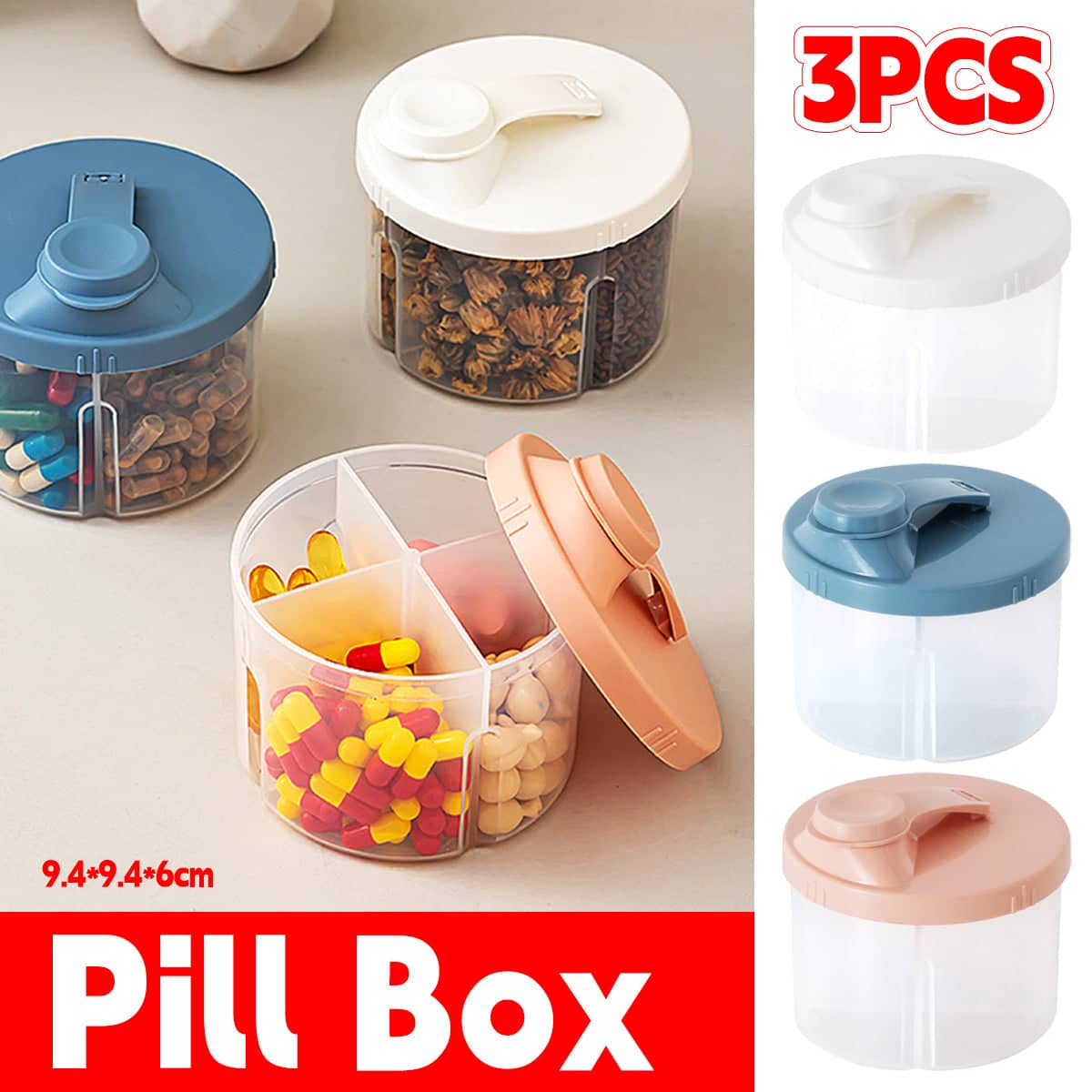 Round Pill Organiser Boxes with 4 Compartments, Pack of 3 - White - view 2
