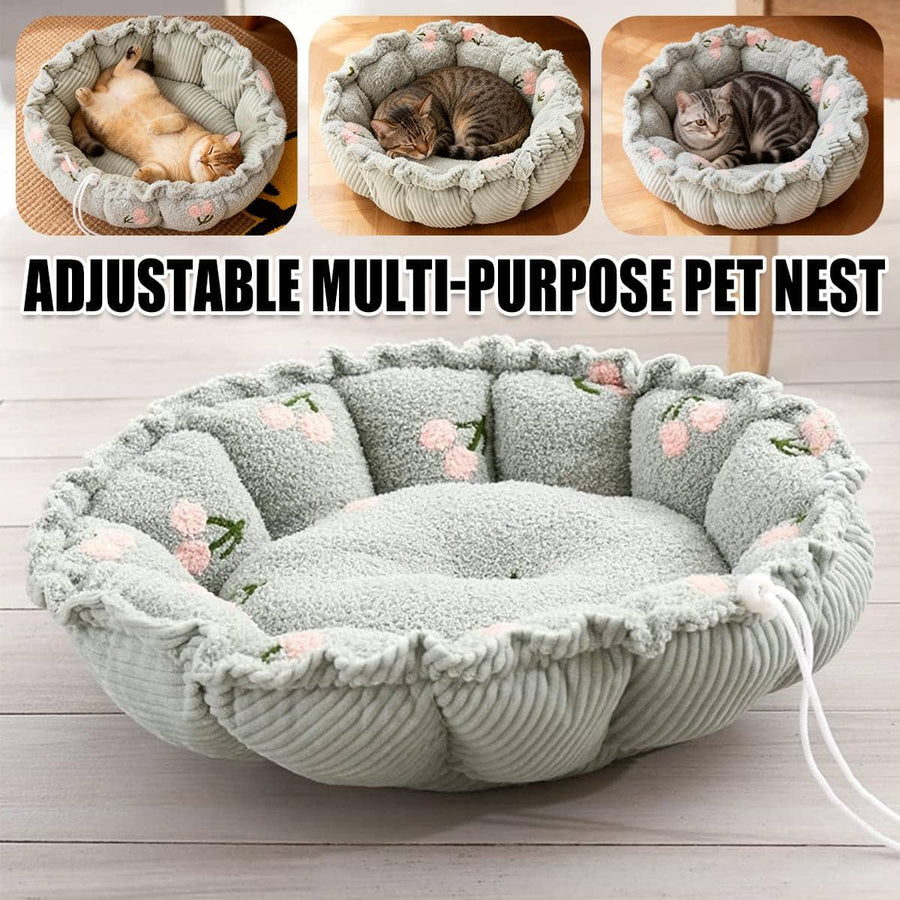 Round Plush Pet Bed with Adjustable Drawstring Nest - Light Green