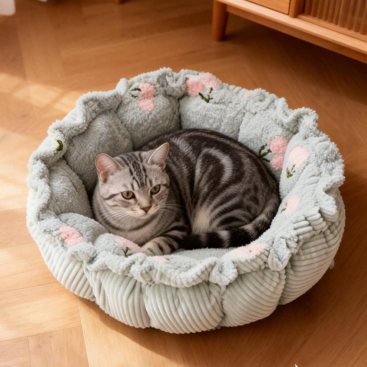 Round Plush Pet Bed with Adjustable Drawstring Nest - Light Green - view 5