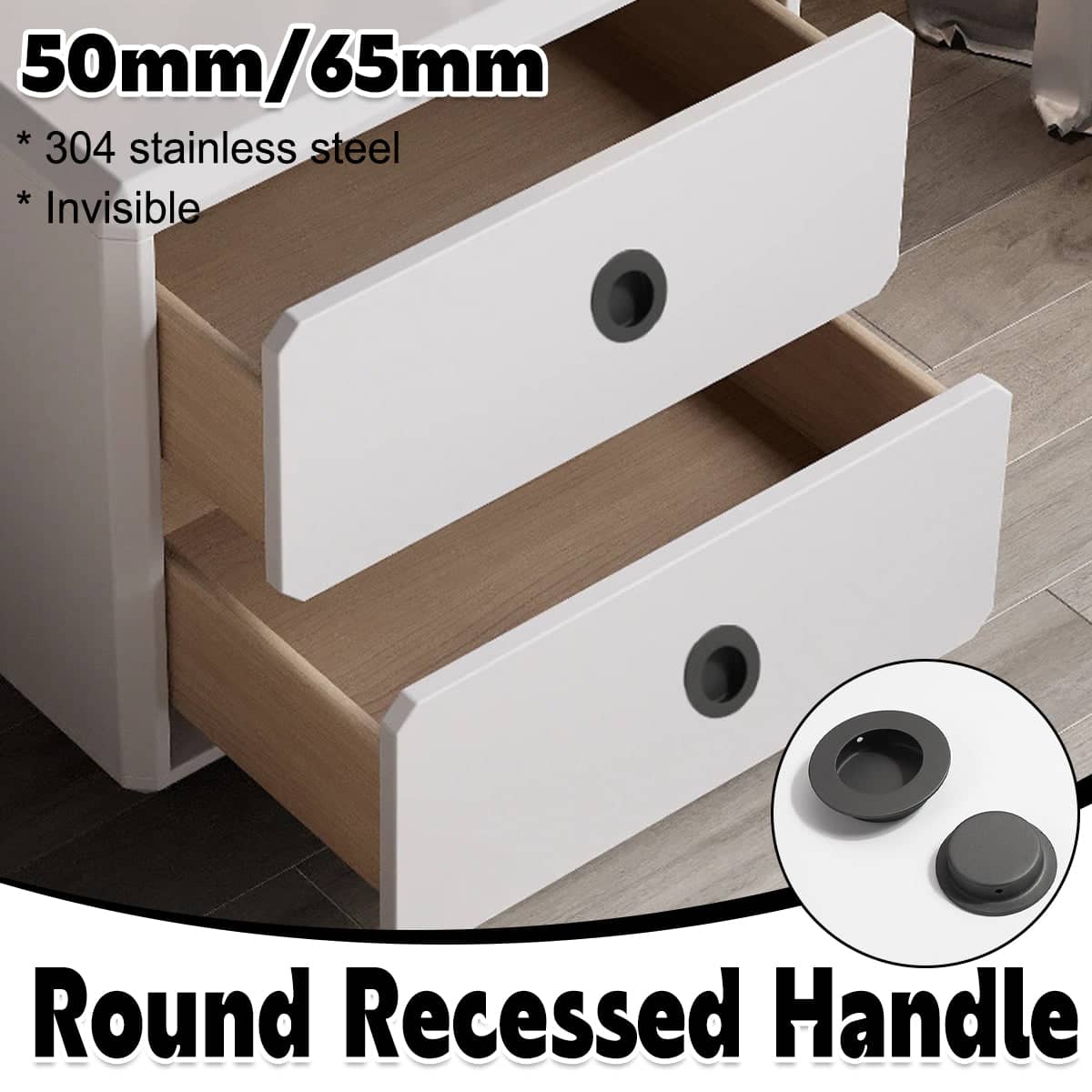 Round Recessed Cabinet Pull Handle, Black Stainless Steel - 50 mm Diameter - view 2