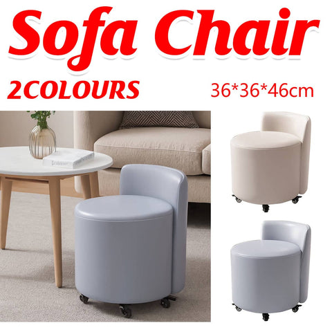 Round Rolling Stool with Backrest and Braked Casters, Nappa Leather - Beige - view 2