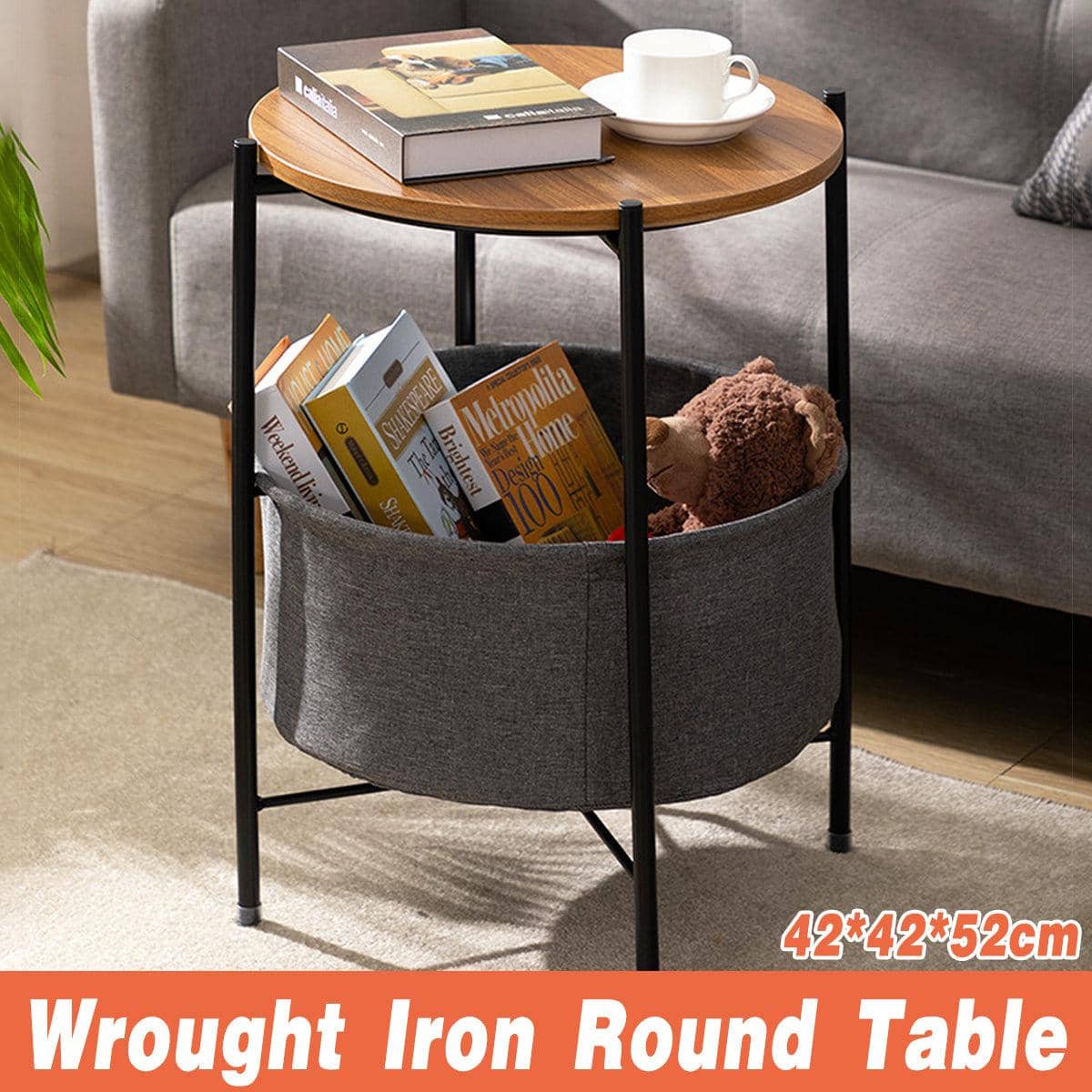 Round Side Table with Fabric Storage Basket, Modern Bedside Table 42 x 42 x 52 cm