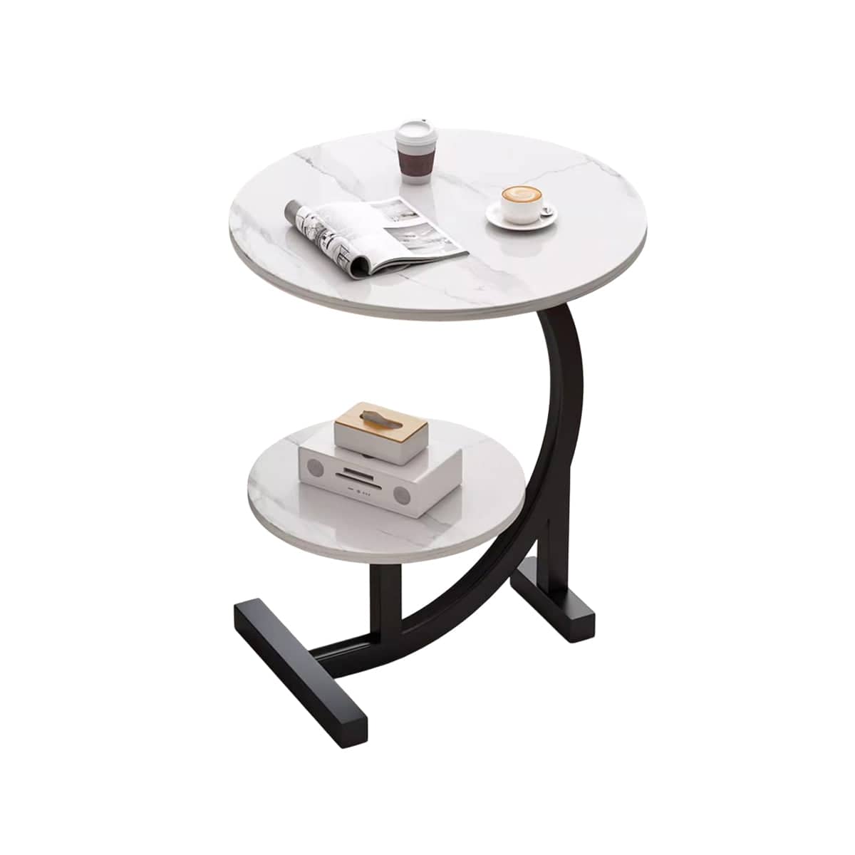 Round Side Table with Shelf and Marble Pattern Top - White
