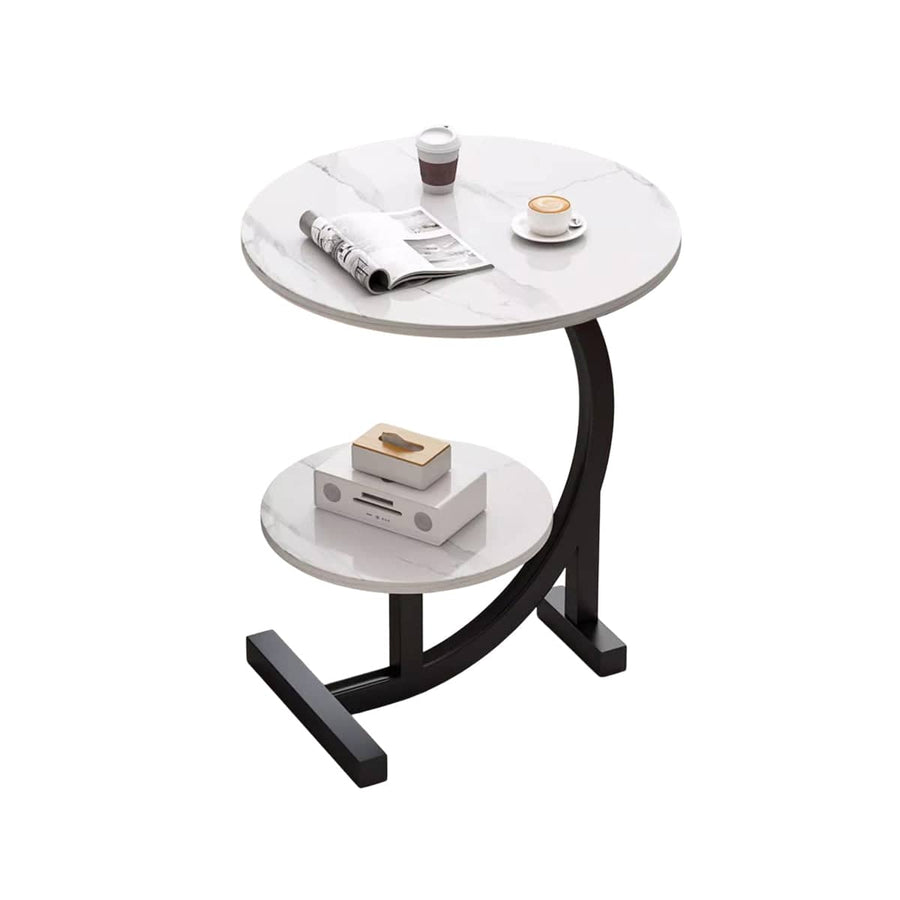 Round Side Table with Shelf and Marble Pattern Top - White