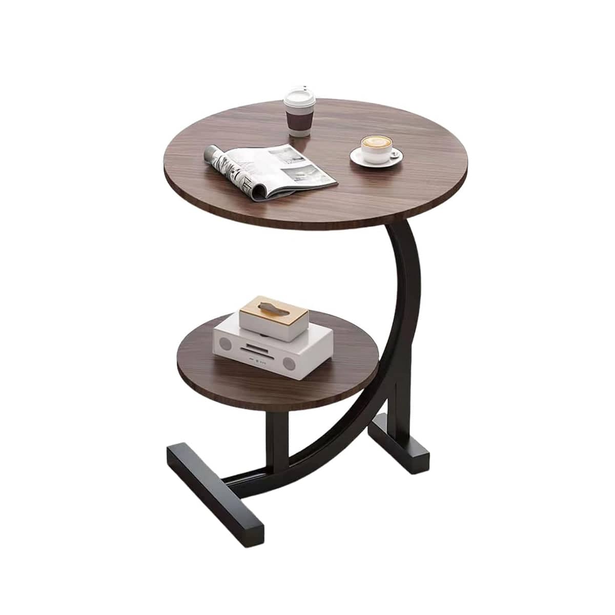 Round Side Table with Shelf and Wood Grain Top - Brown