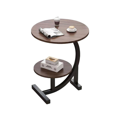 Round Side Table with Shelf and Wood Grain Top - Brown