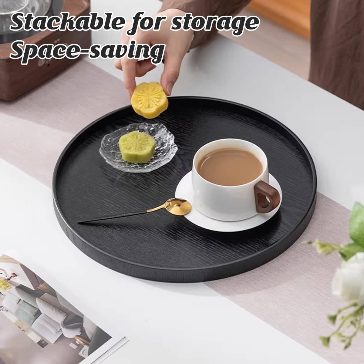 Round Storage Tray Set Pack of 5, Black Wood Grain Look PP Organiser - view 4