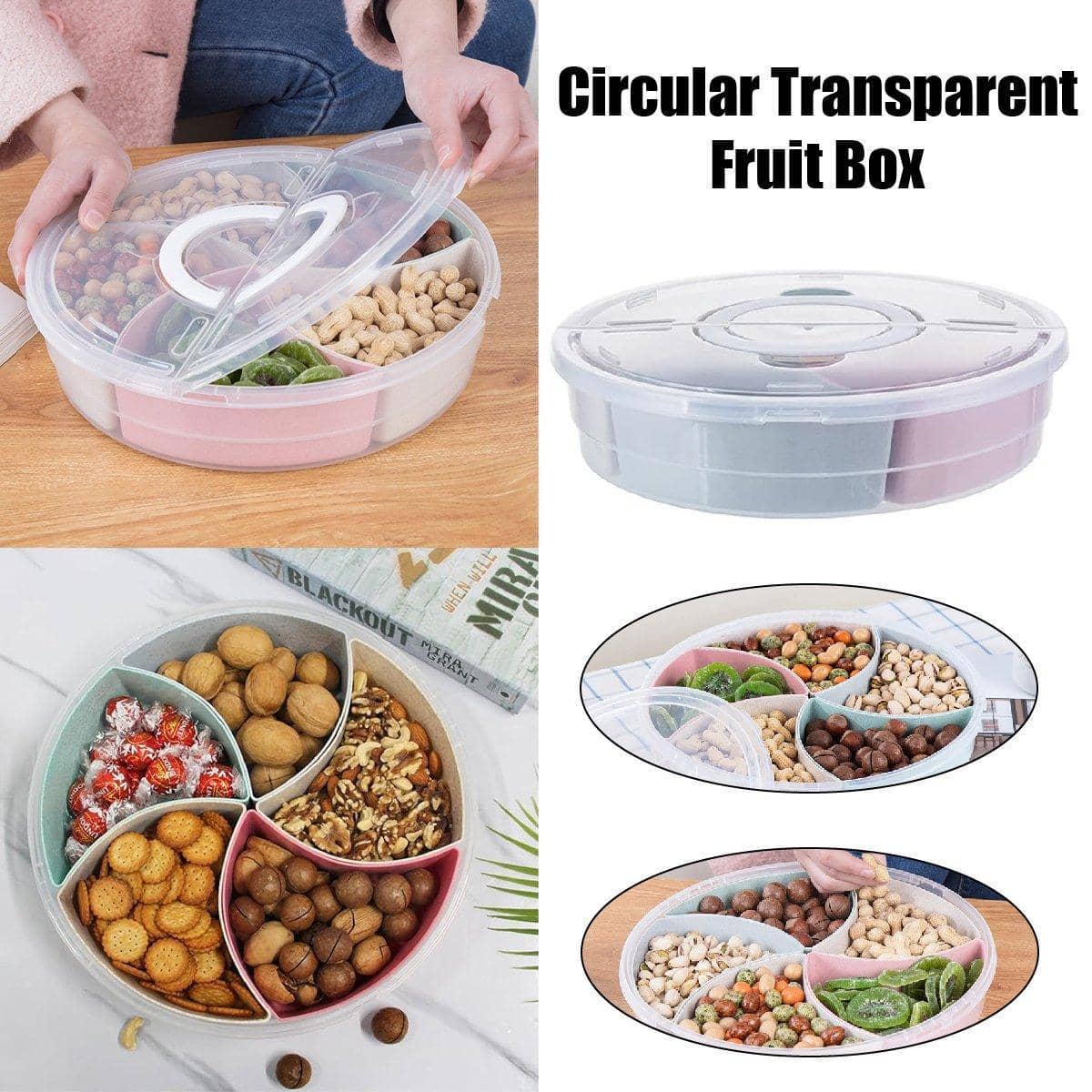 Round Transparent Plastic Fruit Plate with Dividers and Lid, Serving Tray Organiser