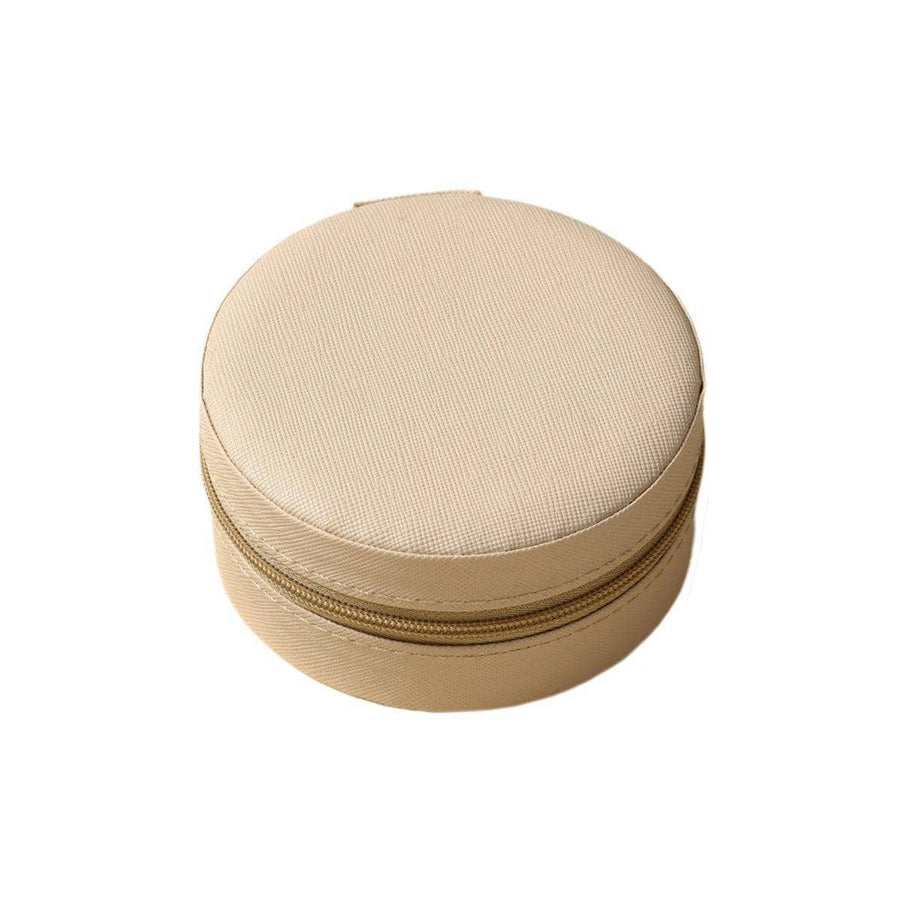 Round Travel Jewellery Box with Zip, PU Leather - Beige