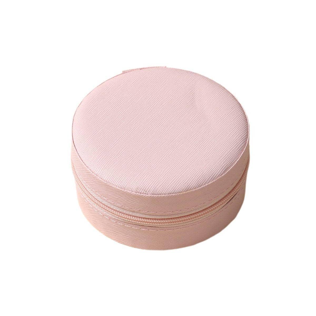 Round Travel Jewellery Box with Zip, PU Leather - Light Pink