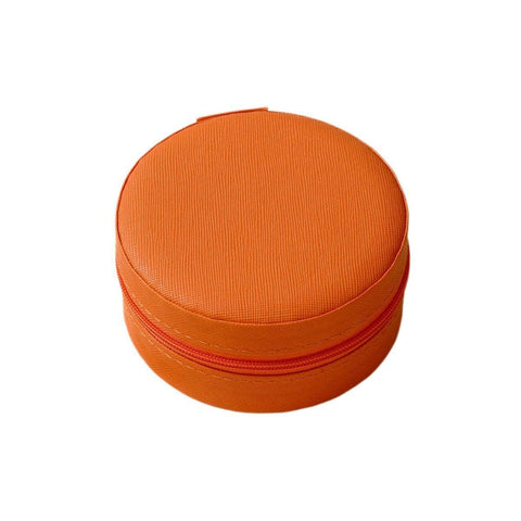 Round Travel Jewellery Box with Zip, PU Leather - Orange