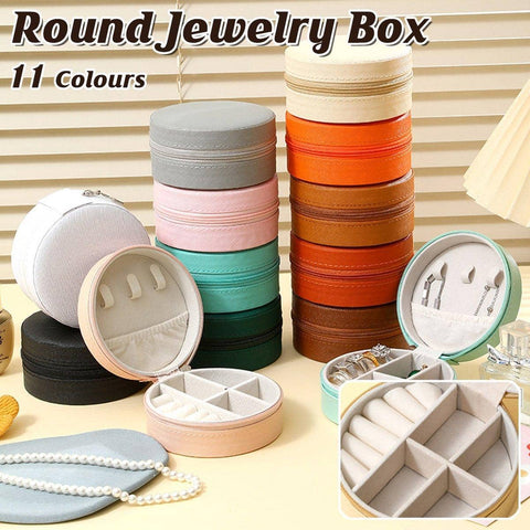 Round Travel Jewellery Box with Zip, PU Leather - Orange - view 2