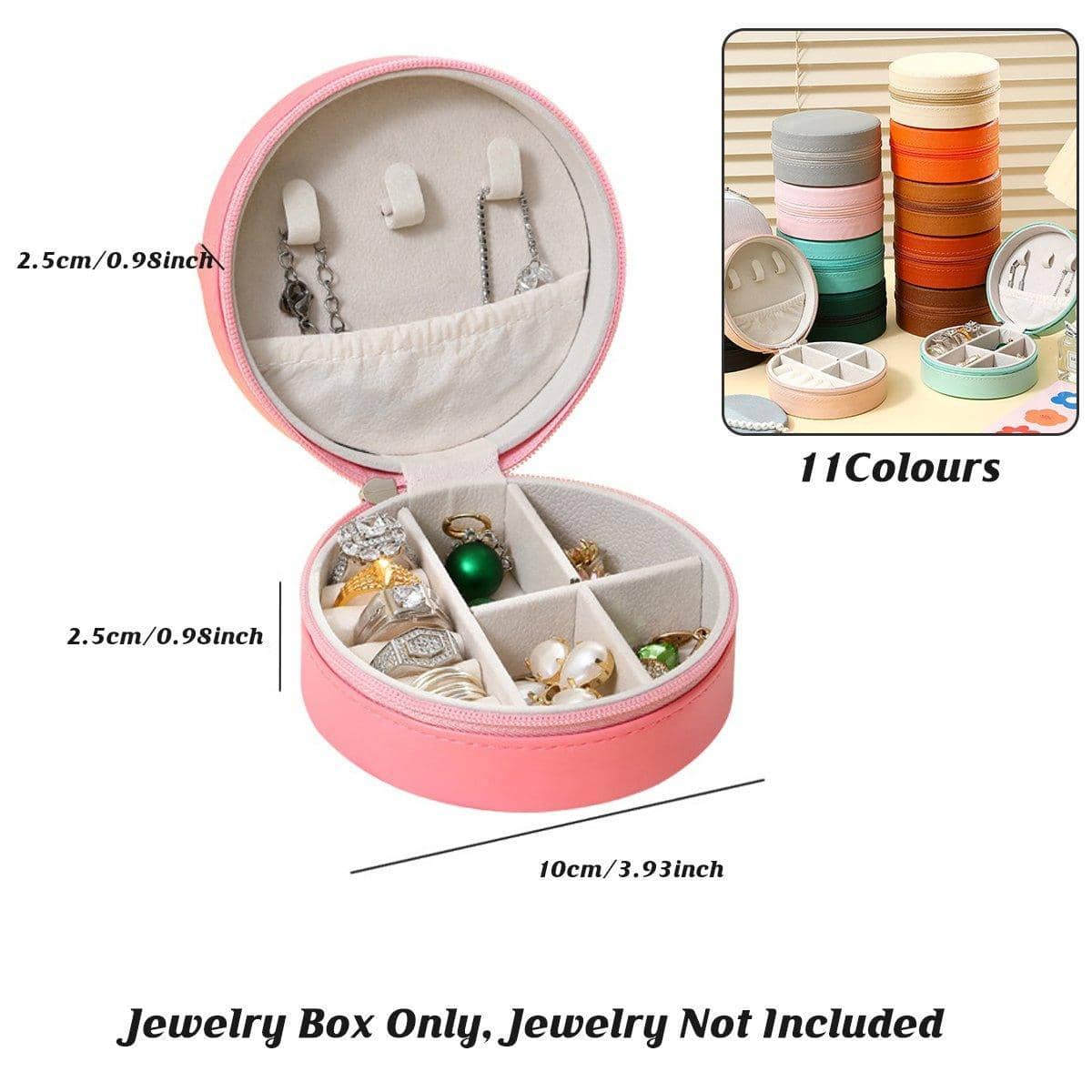 Round Travel Jewellery Box with Zip, PU Leather - Orange - view 4