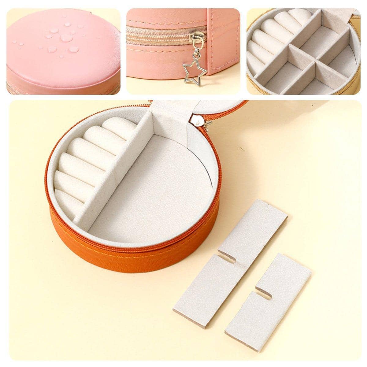 Round Travel Jewellery Box with Zip, PU Leather - Orange - view 5