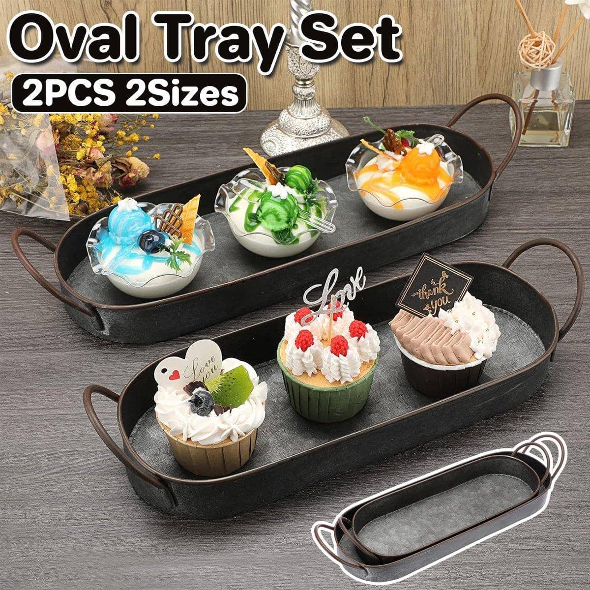 Rustic Oval Metal Serving Trays with Handles - Pack of 2, Large and Small