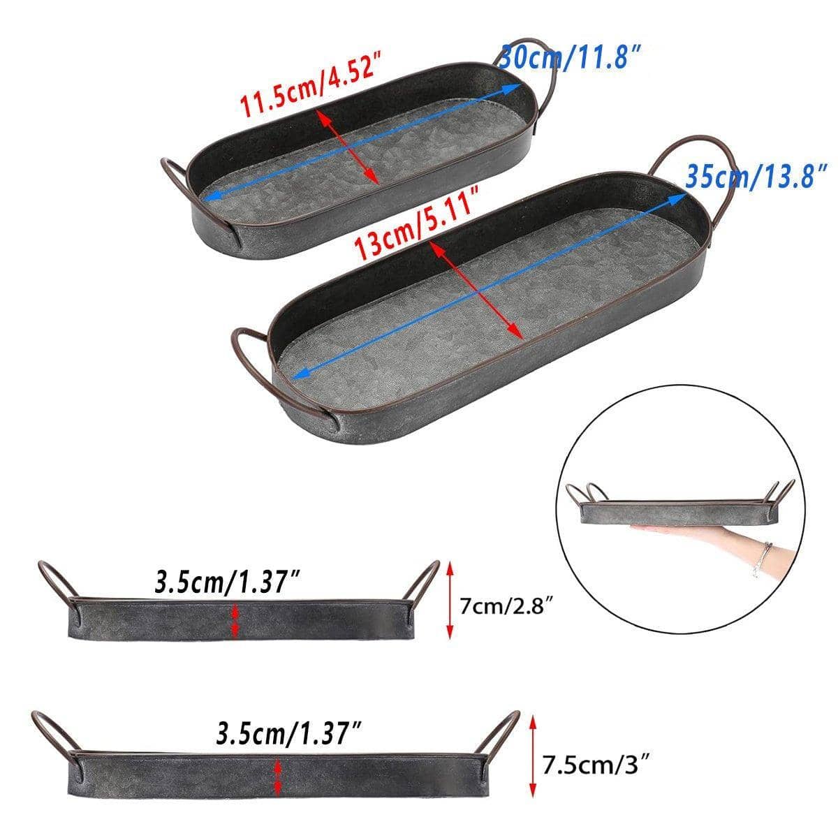 Rustic Oval Metal Serving Trays with Handles - Pack of 2, Large and Small - view 3