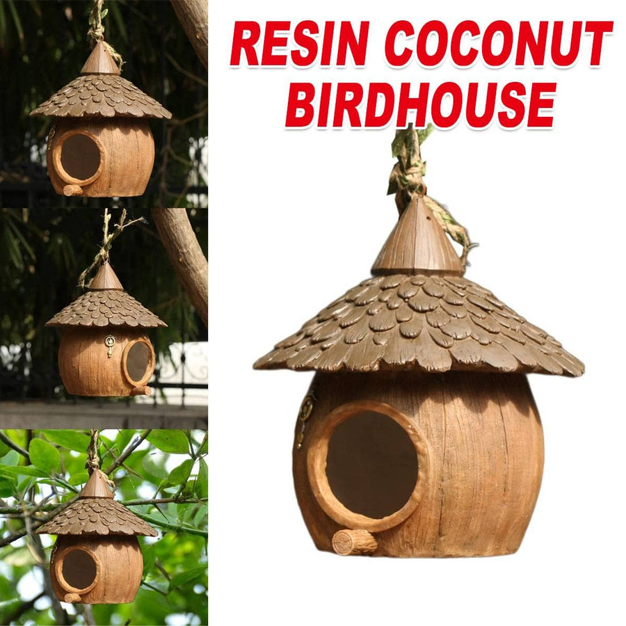 Rustic Resin Coconut Hanging Bird House for Garden Trees