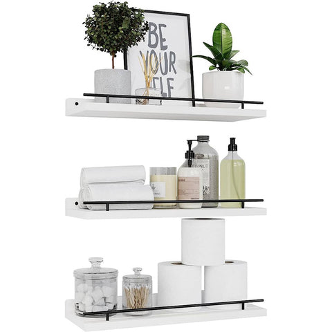 Rustic Wooden Floating Wall Shelves Set of 3 for Bathroom and Bedroom - White