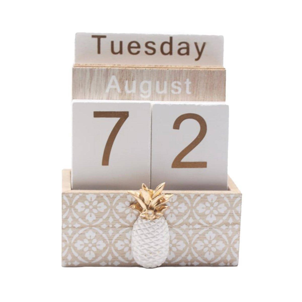 Rustic Wooden Perpetual Desk Calendar with Flip Blocks, Pineapple Design