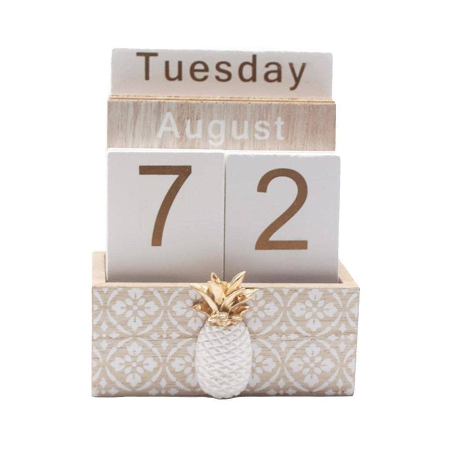 Rustic Wooden Perpetual Desk Calendar with Flip Blocks, Pineapple Design