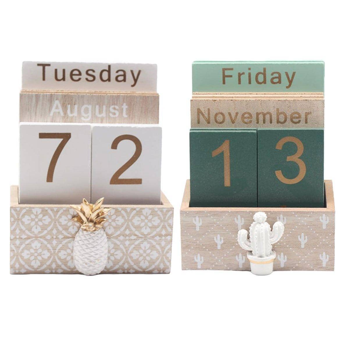 Rustic Wooden Perpetual Desk Calendar with Flip Blocks, Pineapple Design - view 3