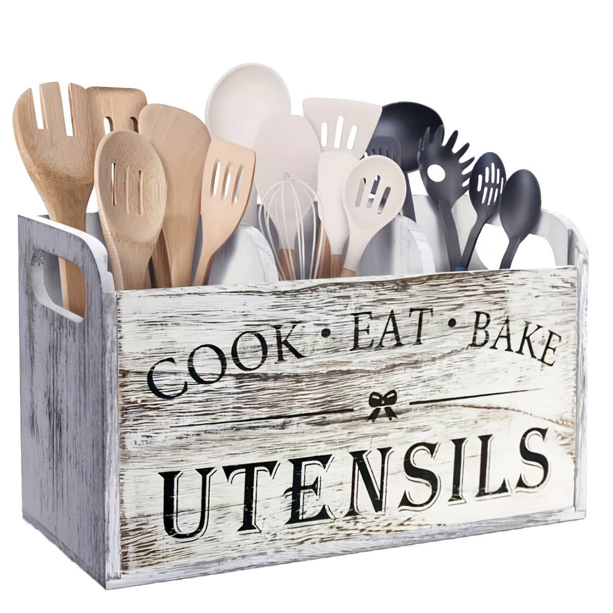 Rustic Wooden Utensil Holder and Cutlery Organiser with Carry Handles - view 2