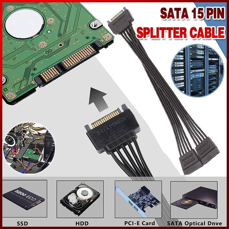 SATA Power Splitter Cable 15 Pin, 1 Male to 2 Female for HDD and SSD