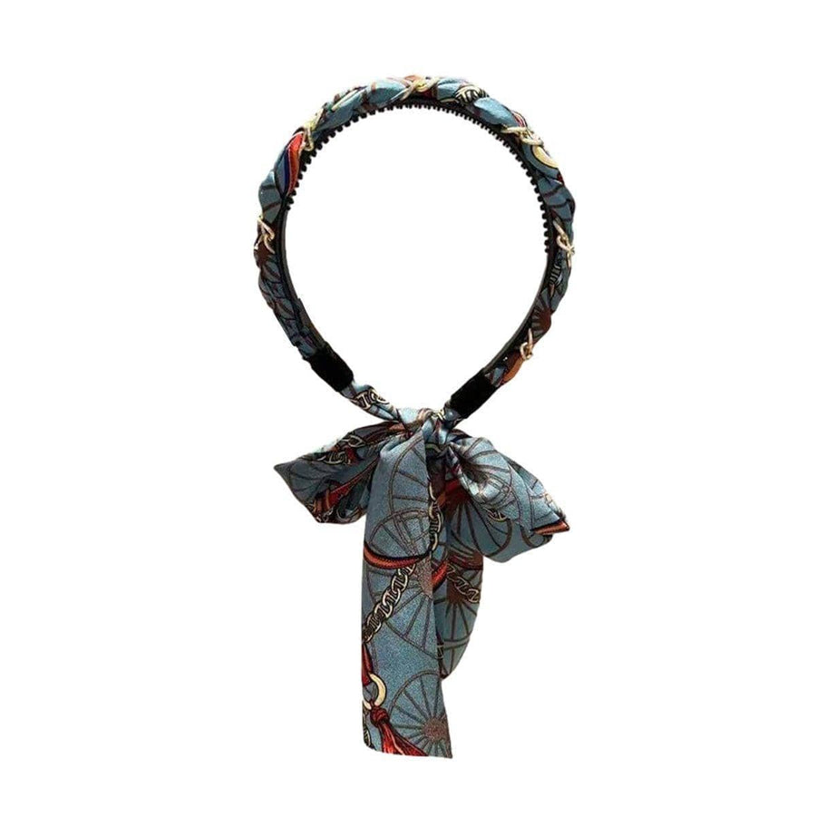 Satin Chain Print Headband with Long Scarf Tail - Blue