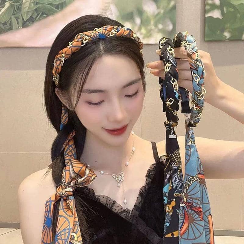 Satin Chain Print Headband with Long Scarf Tail - Blue - view 4