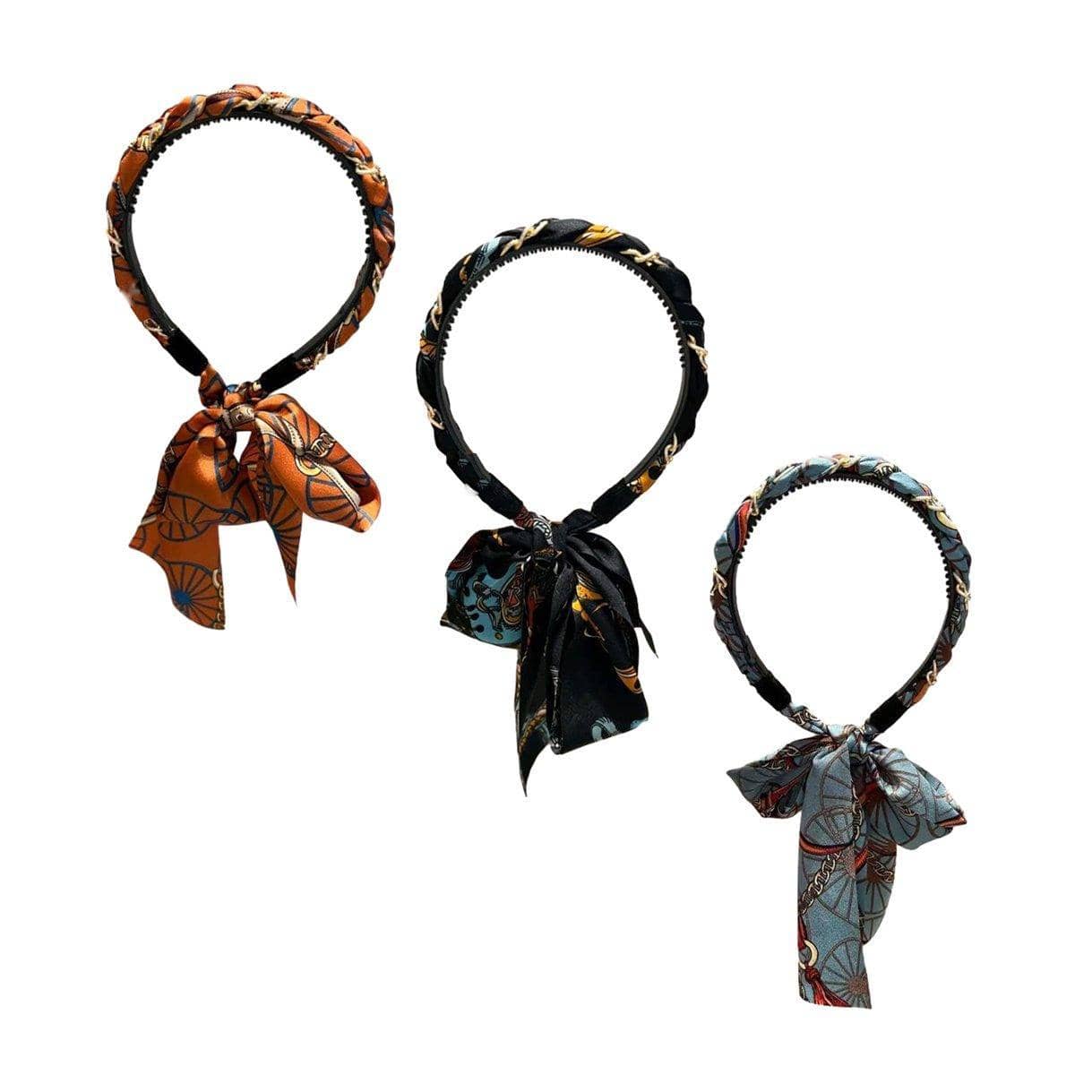 Satin Chain Print Headband with Long Scarf Tail - Orange - view 3