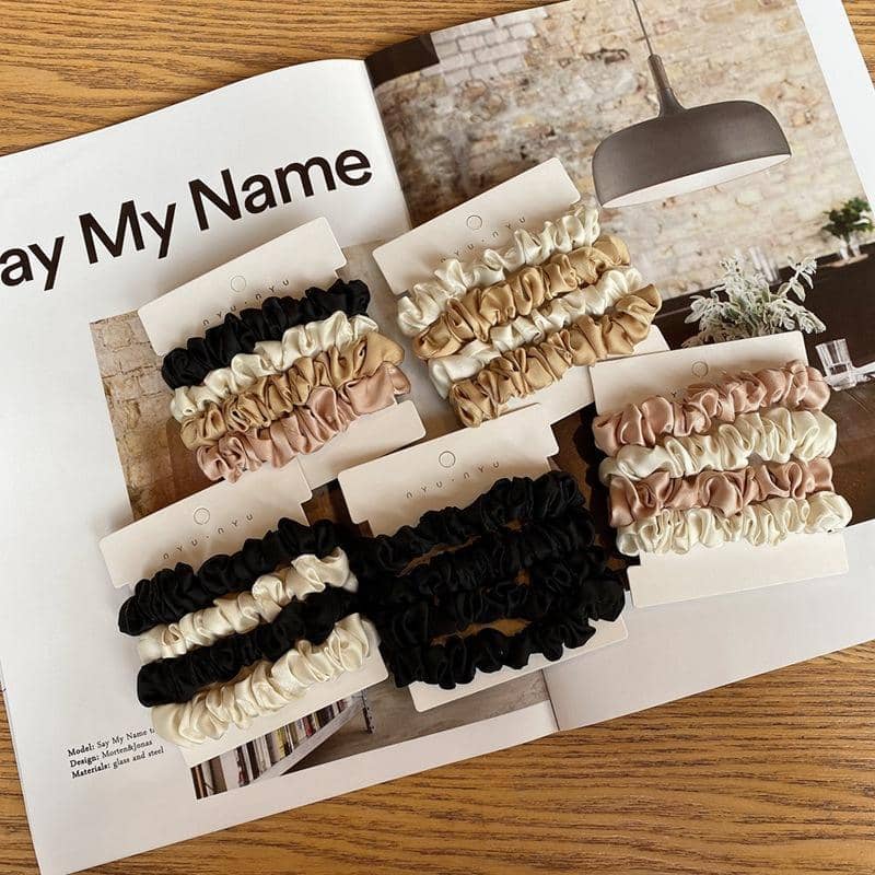 Satin Scrunchies, Pack of 4 - Black, Cream, Tan and Blush Pink - view 3