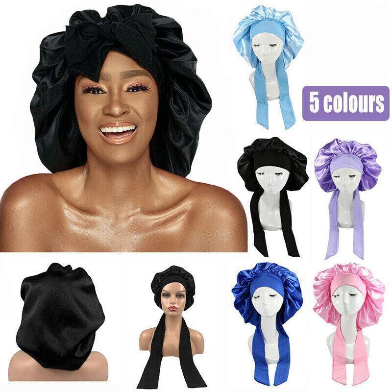 Satin Sleeping Bonnet Hair Wrap Cap for Women, Elastic - Black - view 2