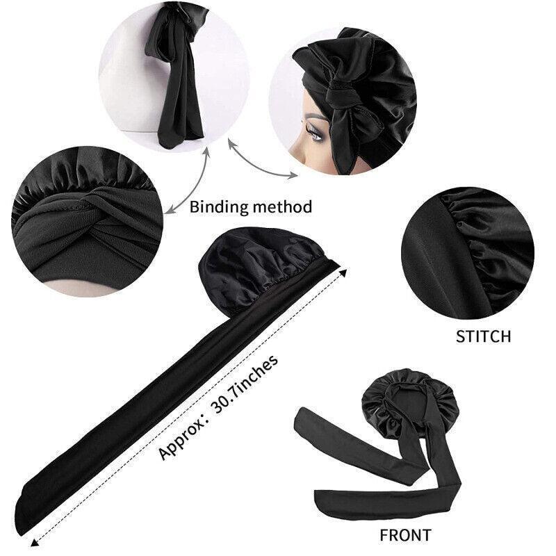 Satin Sleeping Bonnet Hair Wrap Cap for Women, Elastic - Black - view 8