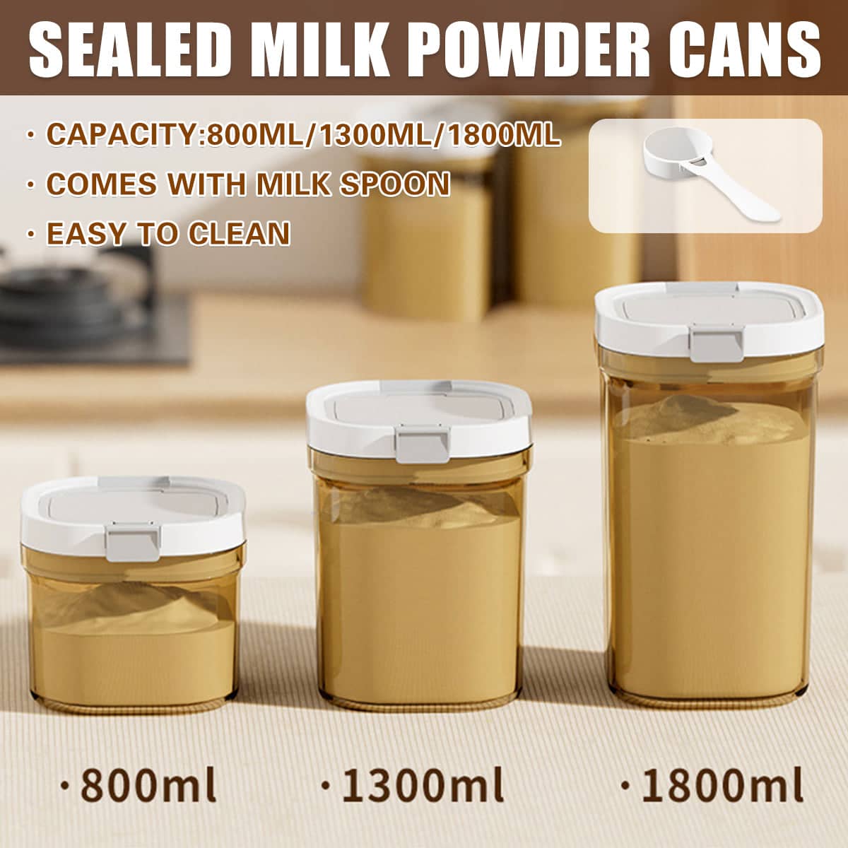 Sealed Milk Powder Storage Container with Spoon - 1300 ml, 12 x 12 x 15 cm - view 2