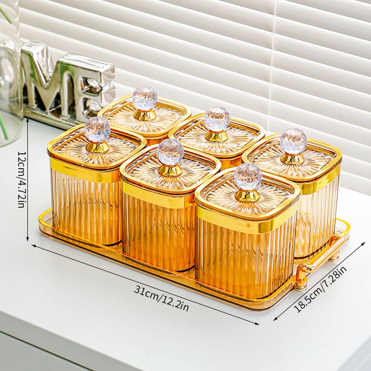 Sealed Pantry Storage Jars Set of 6 with Tray, Amber Tinted with Gold Lid Knobs - view 3