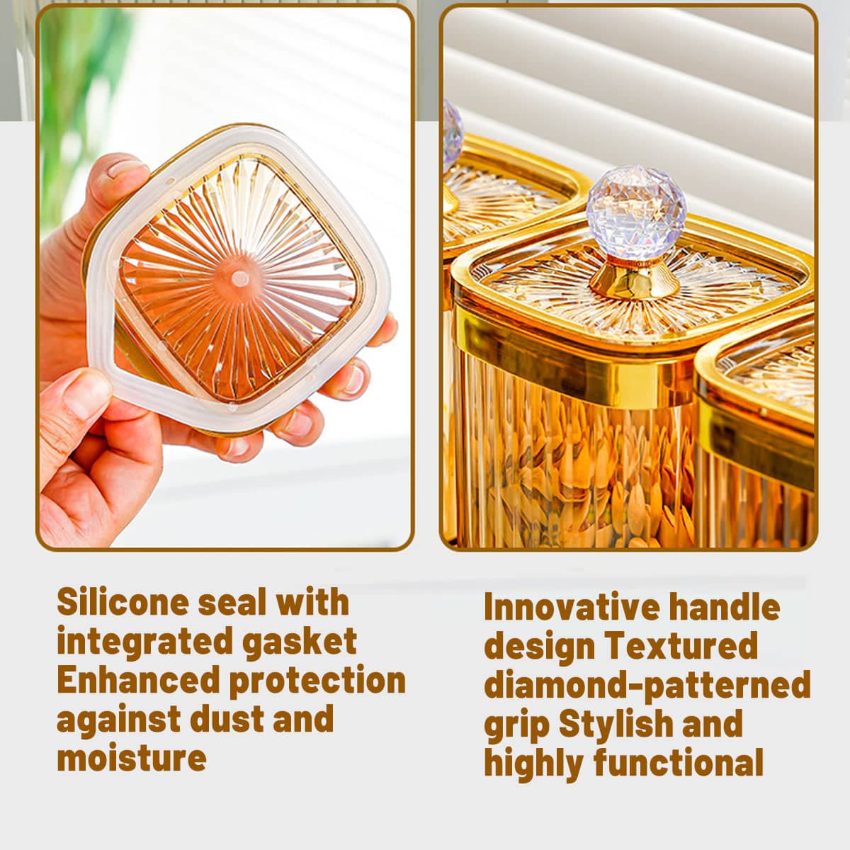 Sealed Pantry Storage Jars Set of 6 with Tray, Amber Tinted with Gold Lid Knobs - view 4