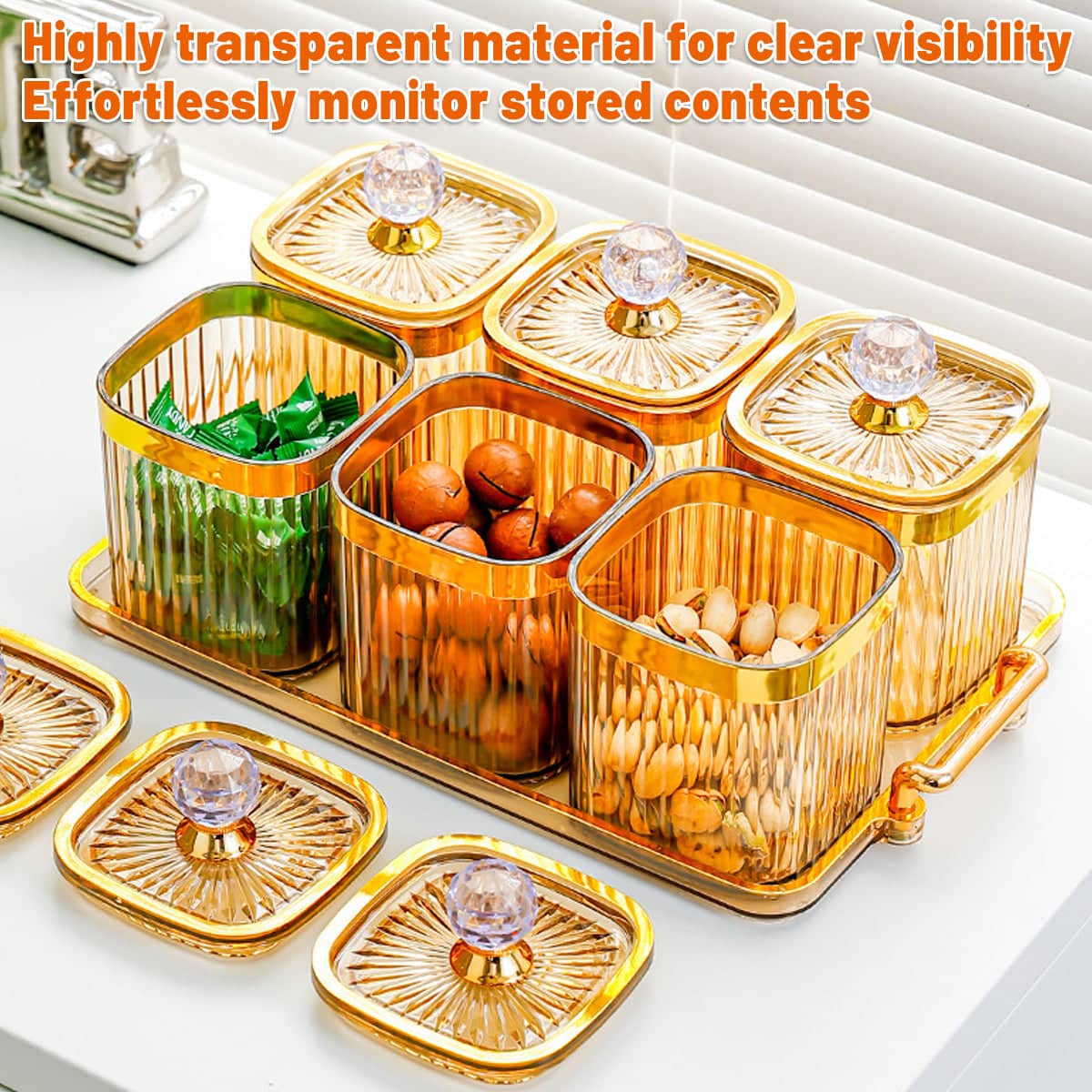 Sealed Pantry Storage Jars Set of 6 with Tray, Amber Tinted with Gold Lid Knobs - view 5
