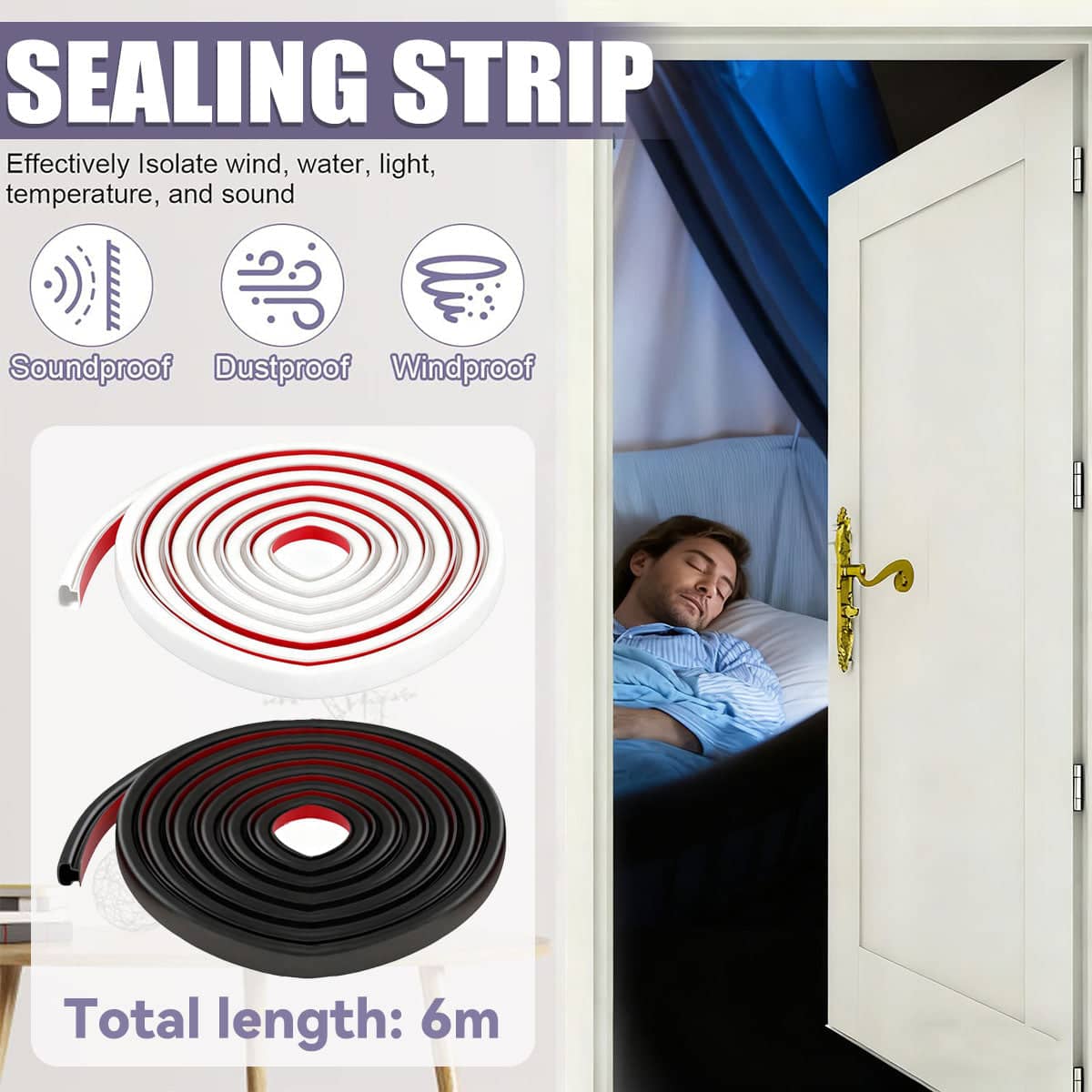 Self Adhesive Door and Window Seal Strip 6 m Windproof Soundproof Dustproof - Black - view 2
