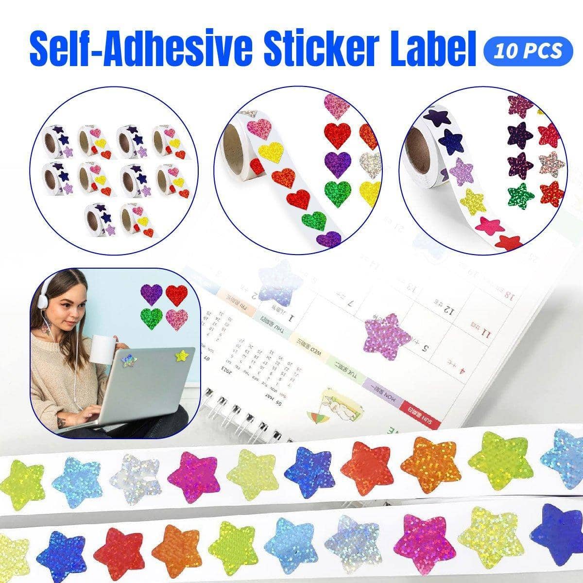 Self-Adhesive Star and Heart Glitter Reward Chart Stickers, Pack of 10 Rolls