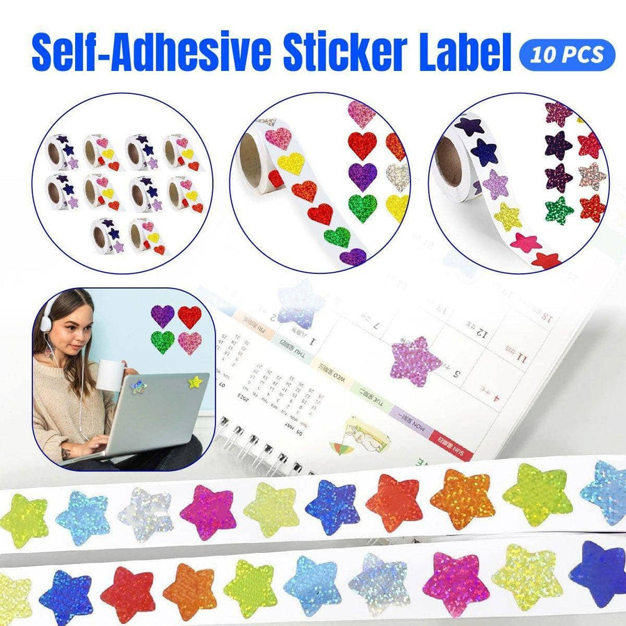 Self-Adhesive Star and Heart Glitter Reward Chart Stickers, Pack of 10 Rolls