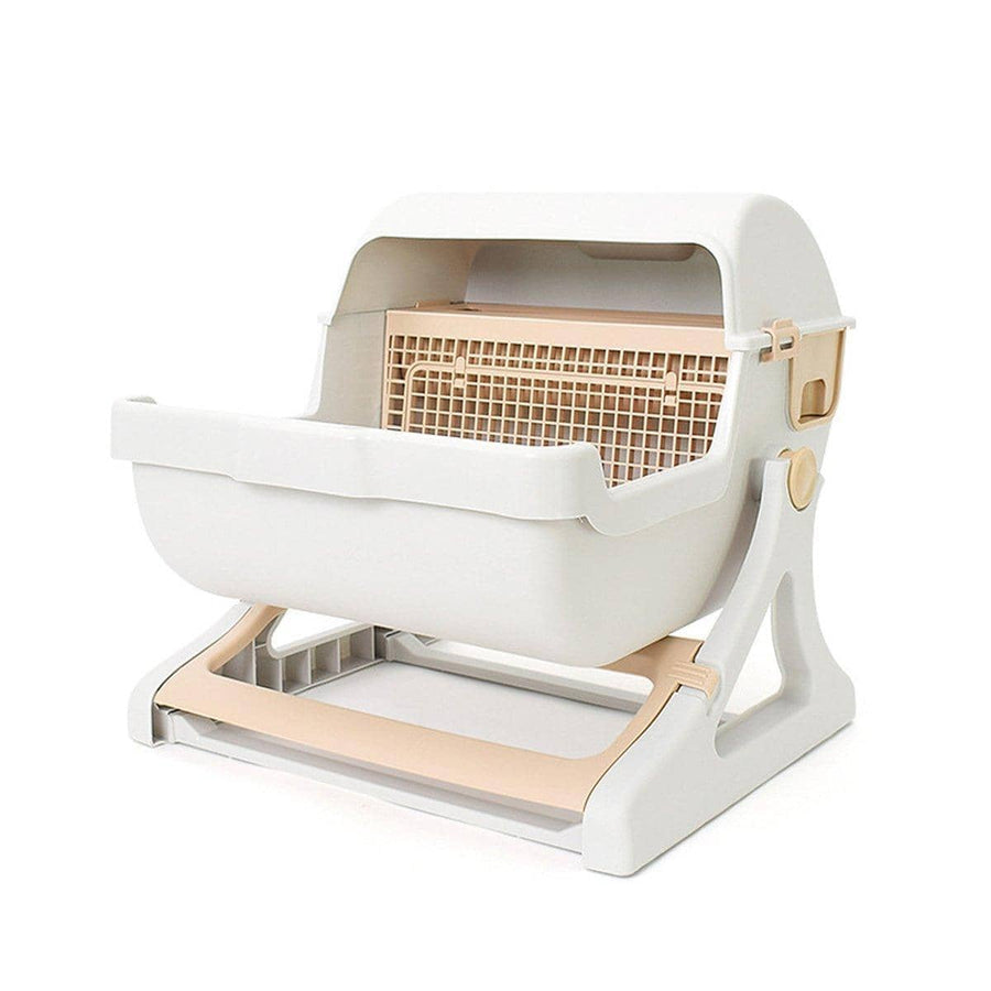 Semi Automatic Cat Litter Box Large Anti Splash Semi Enclosed Kitty Toilet - Beige