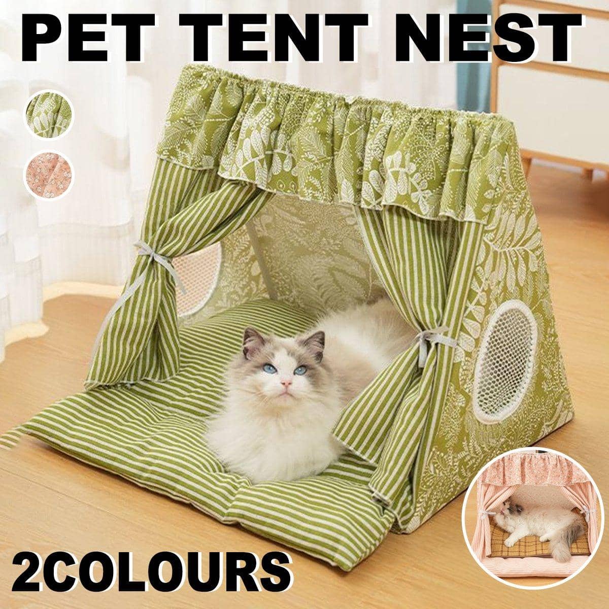 Semi-Closed Cat Tent Pet Bed with Washable Cover - Pink - view 2