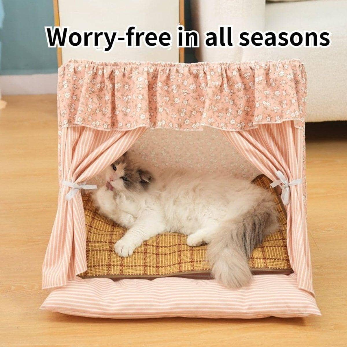Semi-Closed Cat Tent Pet Bed with Washable Cover - Pink - view 5