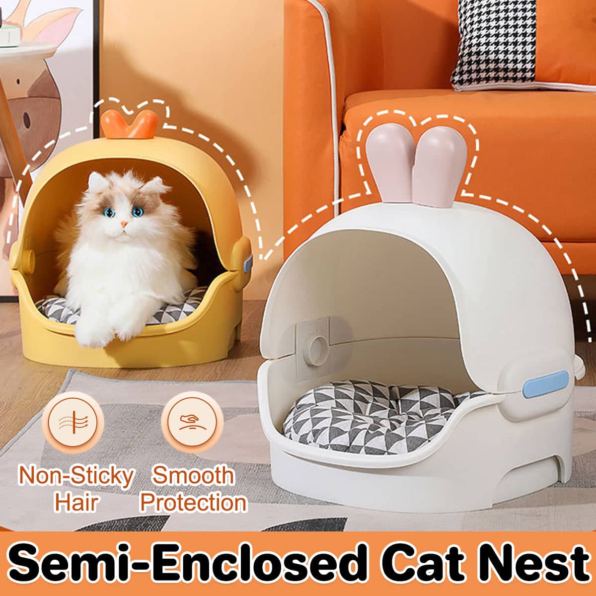 Semi Enclosed Cat Bed with Removable Soft Pad - Rabbit Design, White with Pink Ears (35 x 35 x 45 cm) - view 2