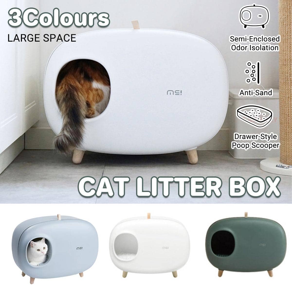 Semi-Enclosed Cat Litter Box with Drawer Tray - Green - view 2