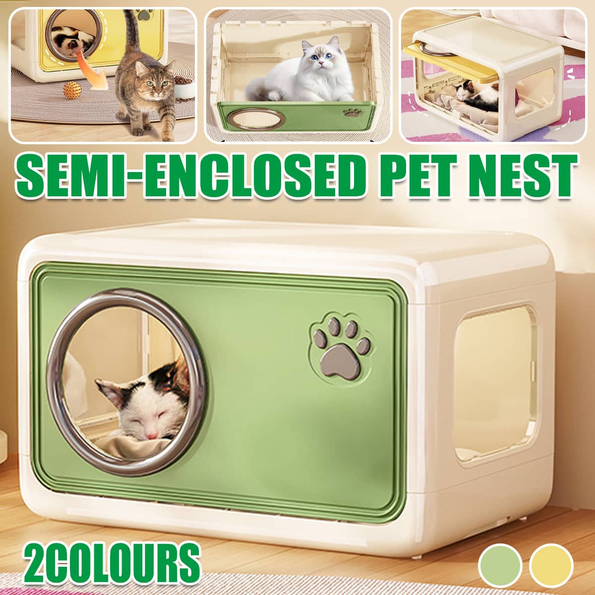 Semi-Enclosed Indoor Cat House with Round Porthole, 46.5 x 30.5 x 30 cm - Green - view 2
