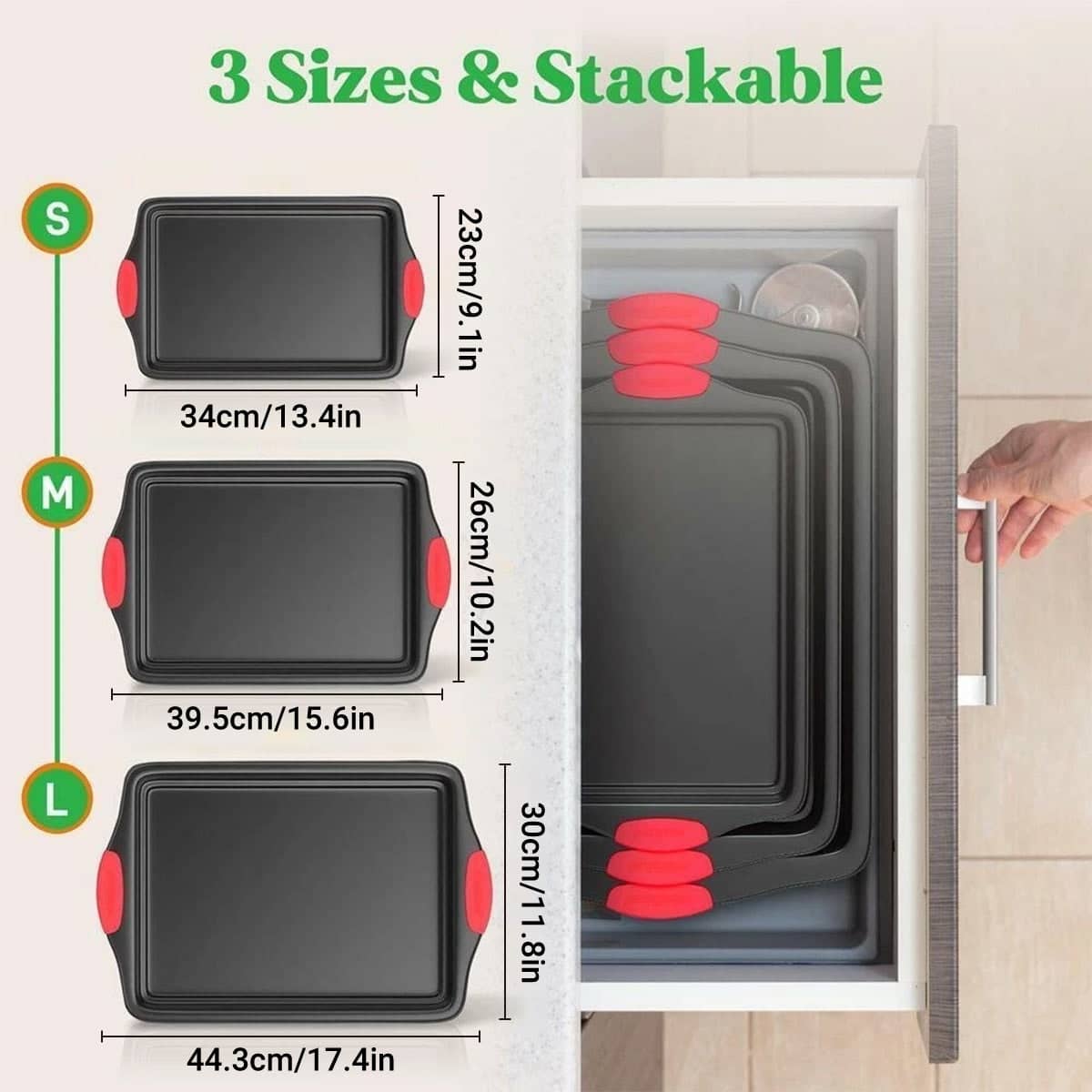 Set of 3 Nonstick Carbon Steel Baking Trays, Rectangular Cookie Sheets and Cake Pans for Oven - view 3