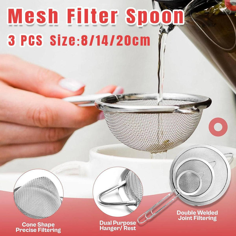 Set of 3 Stainless Steel Mesh Flour Sifters with Hanging Ears - 8, 14 and 20 cm