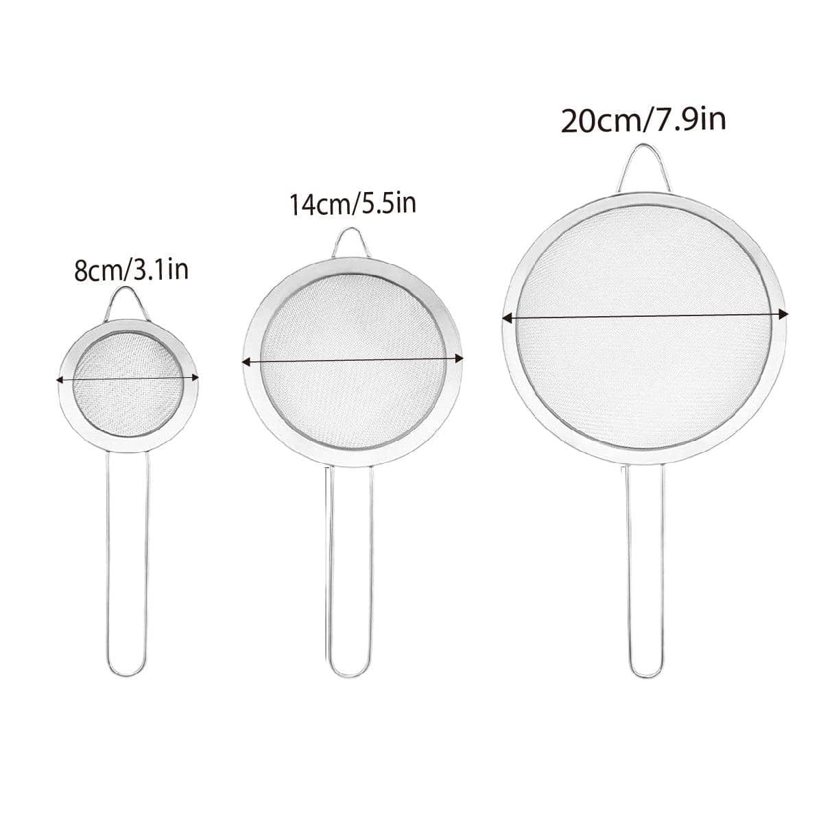 Set of 3 Stainless Steel Mesh Flour Sifters with Hanging Ears - 8, 14 and 20 cm - view 3