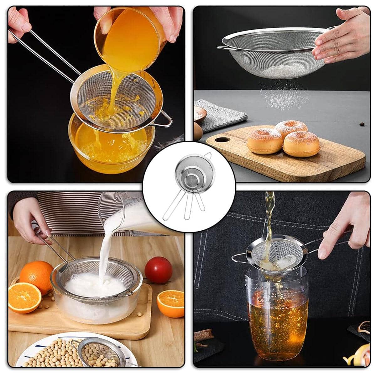 Set of 3 Stainless Steel Mesh Flour Sifters with Hanging Ears - 8, 14 and 20 cm - view 4